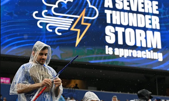 A downpour and thunderstorm caused a delay in Monday's World Cup game between France and Iraq.